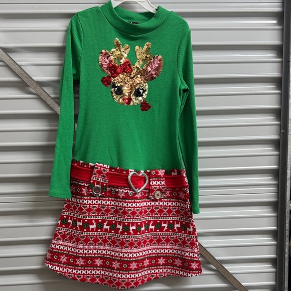 Green and Red Kids Casual Dress with Reindeer Design - Picture 1 of 4
